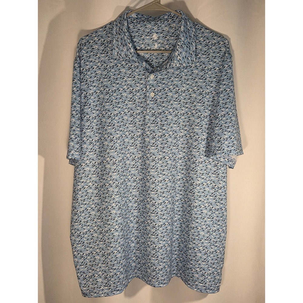 Southern Proper Polo Mens Large Blue Fish Print Performance Short Sleeve